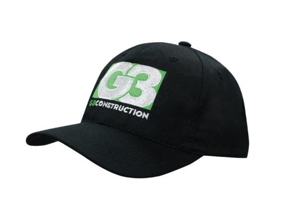 A black cap featuring an embroidered logo in green and white. Suitable for headwear promotions.