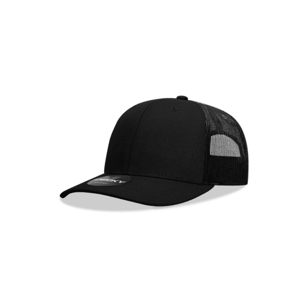 A black trucker cap with a mesh back and a rounded peak, featuring a brand logo on the front.