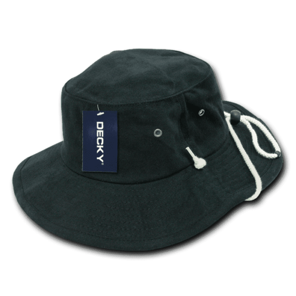 A dark green cotton bucket hat with a logo, featuring a drawstring and eyelets for ventilation.