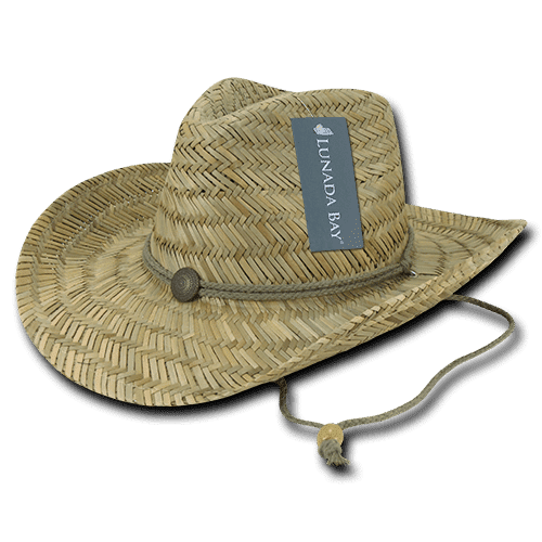 A natural straw cowboy hat featuring a decorative band and a logo tag.