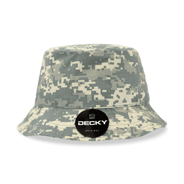 A grey camouflage bucket hat with a branded logo on the side. Ideal for outdoor wear.