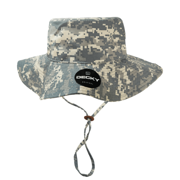 A camouflage bucket hat with a wide brim, featuring a logo and an adjustable chin strap.
