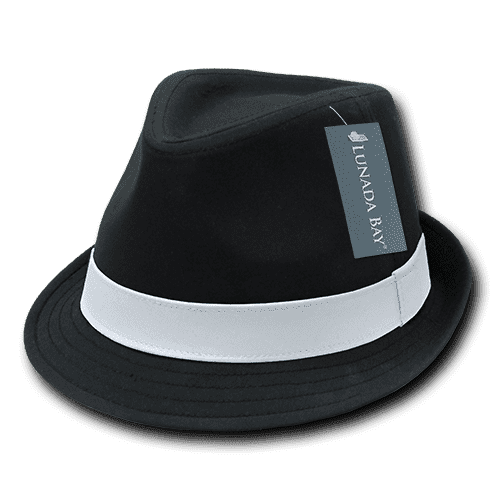 A black poly woven fedora hat with a white band and a tag attached.