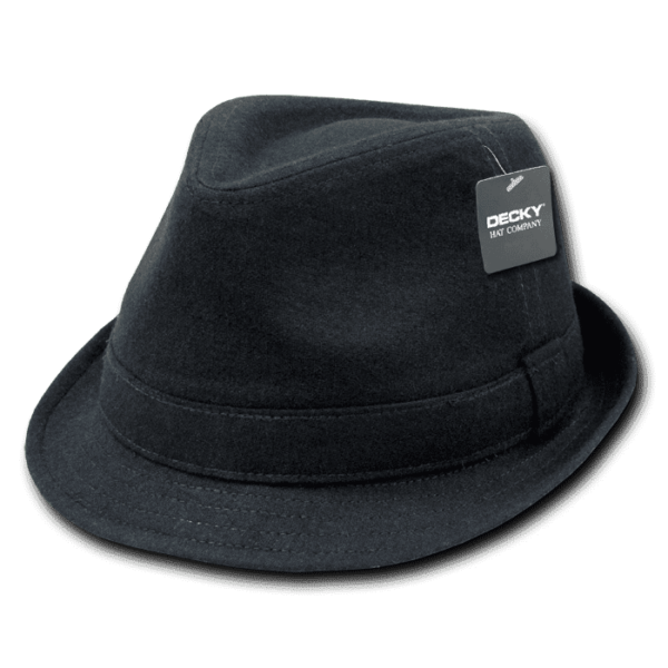 A black Melton Fedora Hat with a narrow brim and a tag attached.