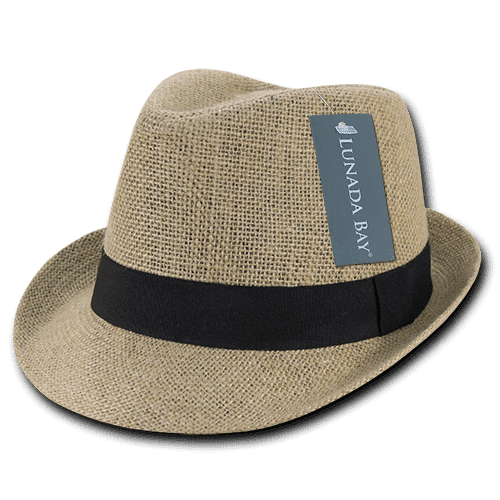 A jute fedora hat in a natural beige colour with a black ribbon band and a tag attached.