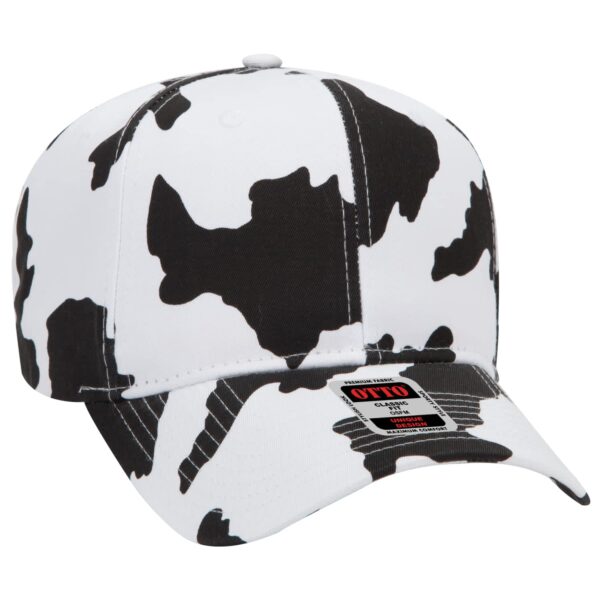 A black and white 6-panel baseball cap with a camouflage pattern and a branded tag attached.