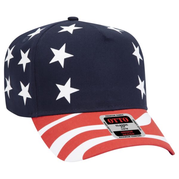 A 5-panel baseball cap featuring a navy blue base with white stars and a red striped brim, including a logo.