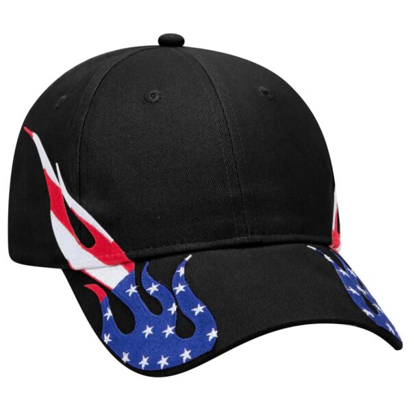 A black baseball cap featuring a flame design with red, white, and blue stars. Includes a logo on the front.