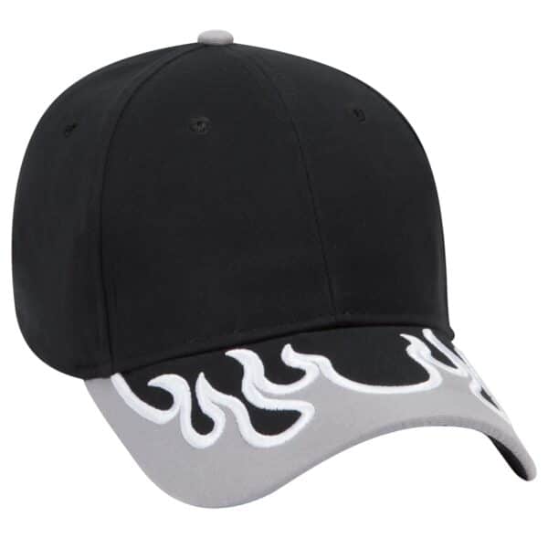 A black baseball cap featuring a flame design on a grey brim and includes a logo.