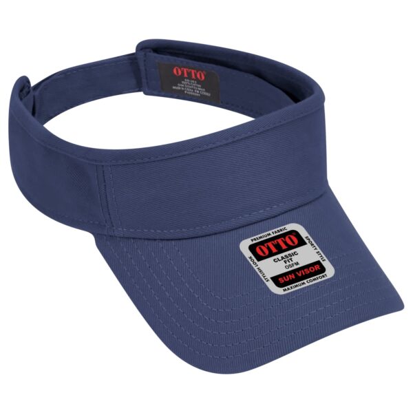 A navy sun visor with a wide brim and an adjustable back strap, featuring a logo and label.