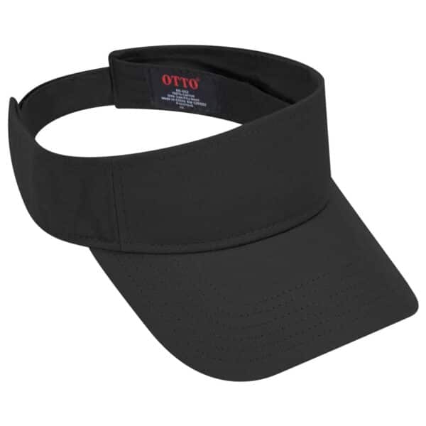 A black sun visor with a wide brim and an adjustable strap, featuring a branding logo on the inner band.