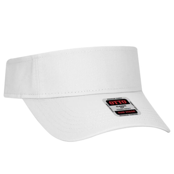 A white sun visor with a wide brim and a logo on the front.