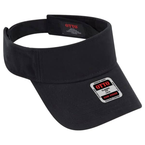 A black sun visor with a wide brim and an adjustable strap, featuring a logo and a label.