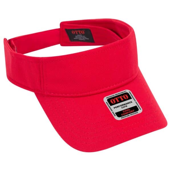A red sun visor with a wide brim and adjustable strap, featuring a logo and label on the interior.