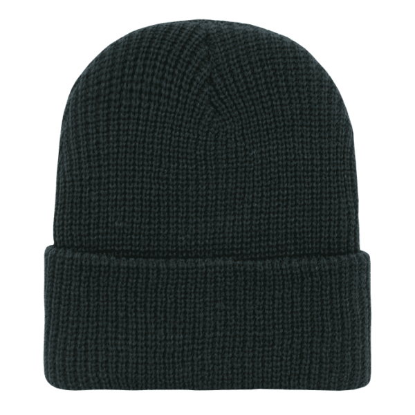 A dark green knitted watch cap with a turned-up brim, featuring a logo.