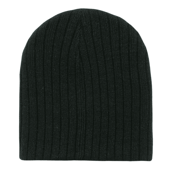 A black ribbed beanie with a soft texture and a snug fit. It has a small logo on it.