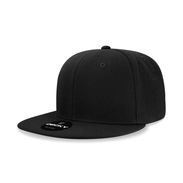 A black 6-panel snapback cap with a flat brim and a logo on the front.