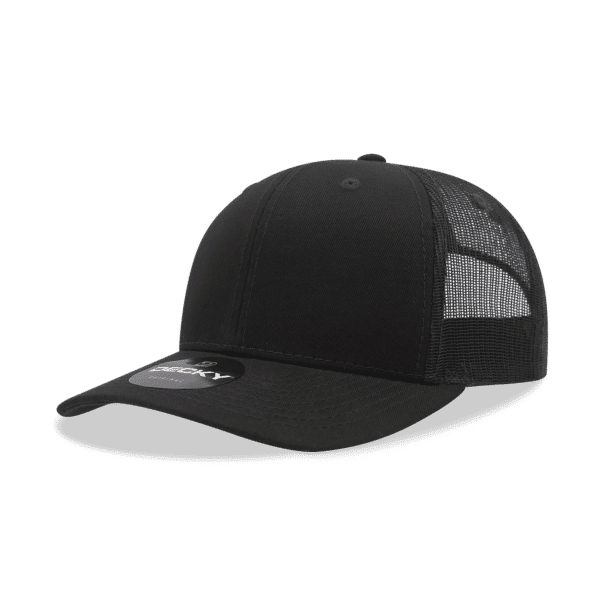 A black six-panel trucker cap with a cotton/poly blend and mesh sides, featuring a logo on the front.