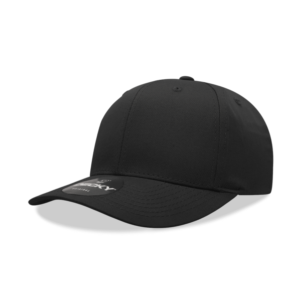 A black 6 panel mid pro cotton/poly blend cap featuring a logo on the front.