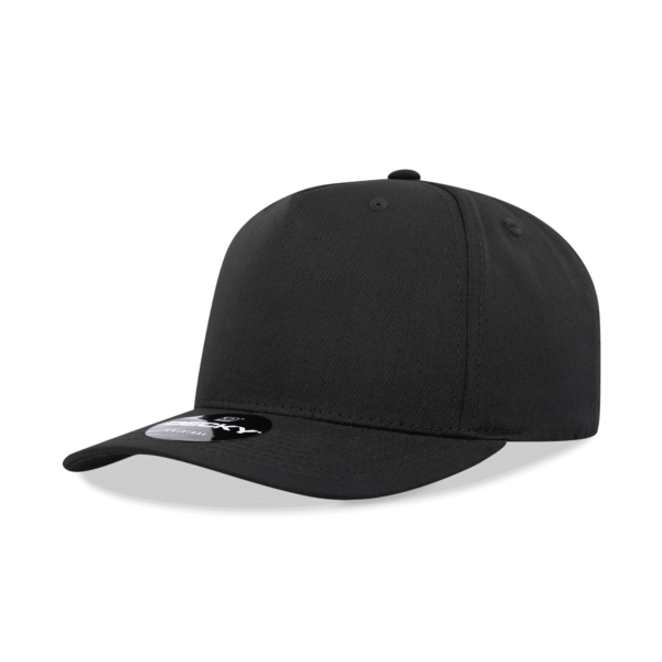 A black 5 panel mid pro cotton/poly blend cap with a logo on the front.