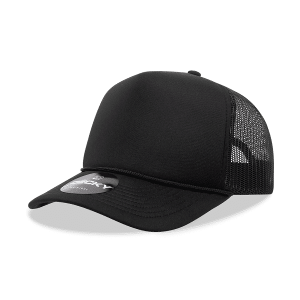 A black 5 Panel Mid Pro Foam Trucker cap with a mesh back and logo on the front.