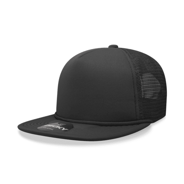 A black 5 Panel High Pro Foam Trucker cap with a mesh back and a flat brim, featuring a logo.