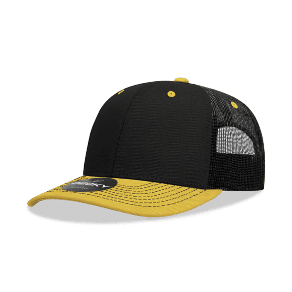 A black and yellow 6 Panel Mid Pro Contra-Stitch Trucker cap with a mesh back and logo.