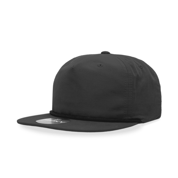 A black 5 Panel High Pro Cotton/Poly Blend Rope Hat featuring a flat brim and a logo on the front.