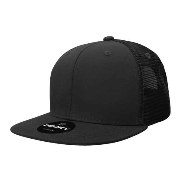 A black 6-panel trucker cap made from a cotton/poly blend, featuring a mesh back and a logo on the front.