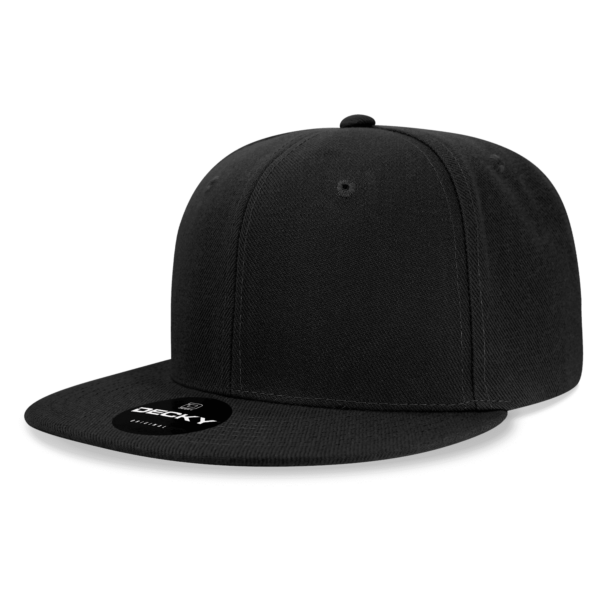A black snapback cap with a flat brim, featuring a logo on the front.