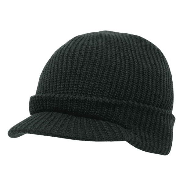 A dark green knitted beanie with a small brim and ribbed texture, featuring a logo on the side.