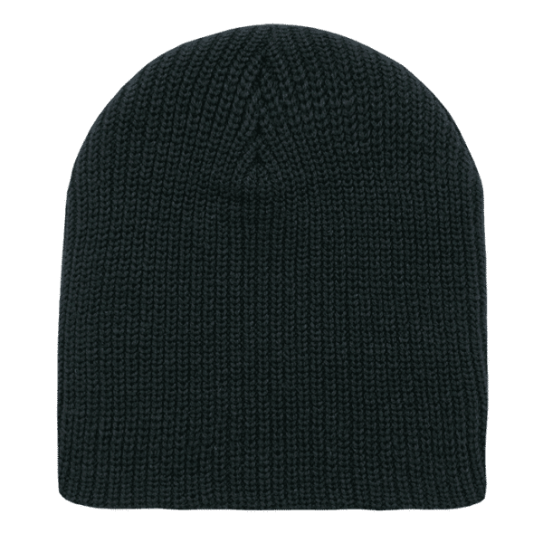 A dark green cuffless watch cap featuring a textured knit design and a seamless top.