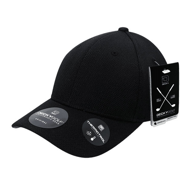 A black cap featuring a pique pattern, with a logo and tags attached. Styled as a flex cap for comfort.