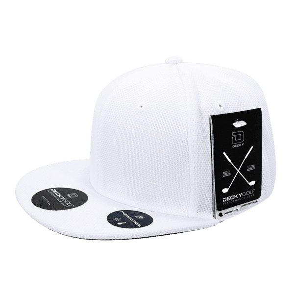 A white snapback cap with a textured pique pattern and a logo on the side. It features a flat brim.