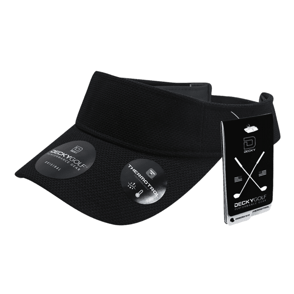 A black visor with a pique pattern, featuring a branded tag and two circular tags attached.
