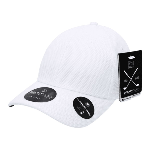 A white cap featuring a pique pattern, with tags and logos attached.