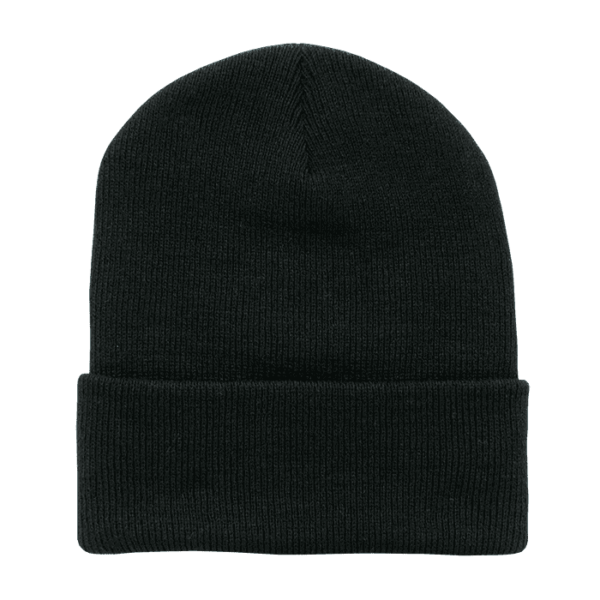 A black long beanie with a folded cuff, featuring a plain design and a logo.
