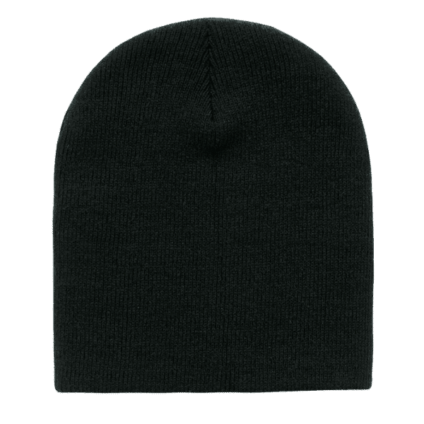 A black beanie with a smooth knit texture, featuring a rounded top and no visible branding.