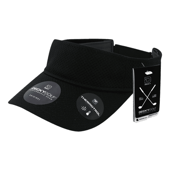 A black sun visor featuring a dimple pattern, with a tag and branding visible.