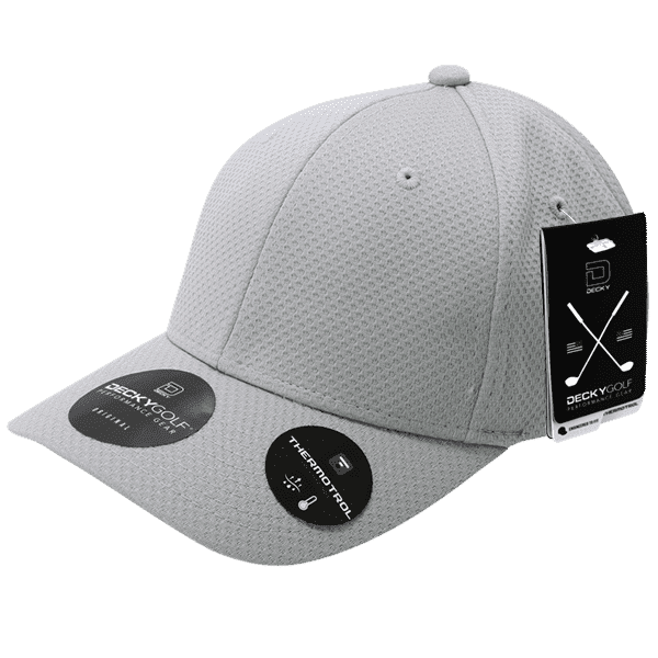 A grey cap featuring a dimple pattern, with a black logo and hang tags attached.