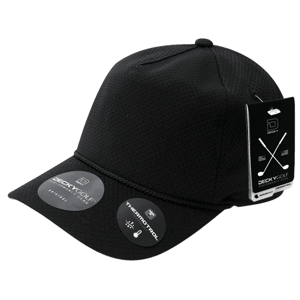 A black Dimple Pattern 5 Panel Cap with a branded tag. Features a textured surface and a curved peak.