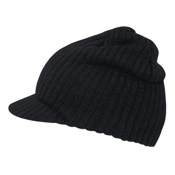 A black beanie hat with a flat brim, featuring a textured knit design. It has a snug fit and a folded cuff.