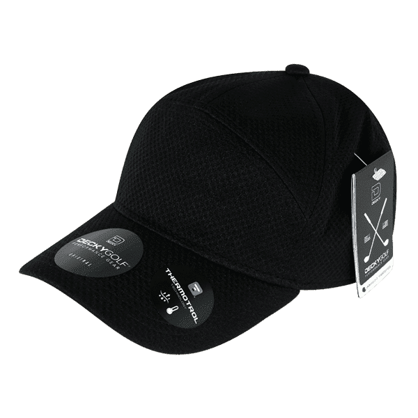 A black 7-panel cap with a dimple pattern, featuring tags and a logo.