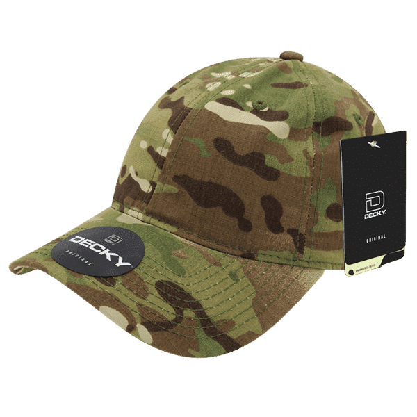 A camouflage cap in multiple shades of green and brown with a branded tag attached.