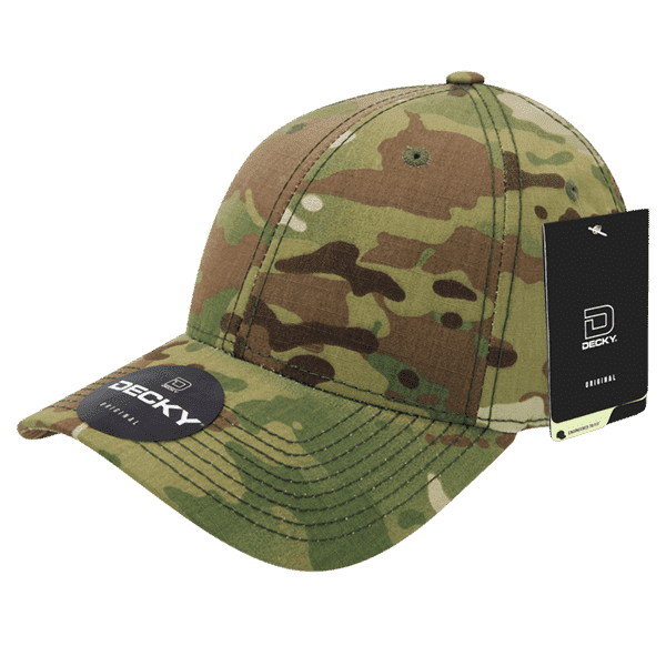 A multicam patterned cap with a curved brim and a logo on the front, presented at an angle.
