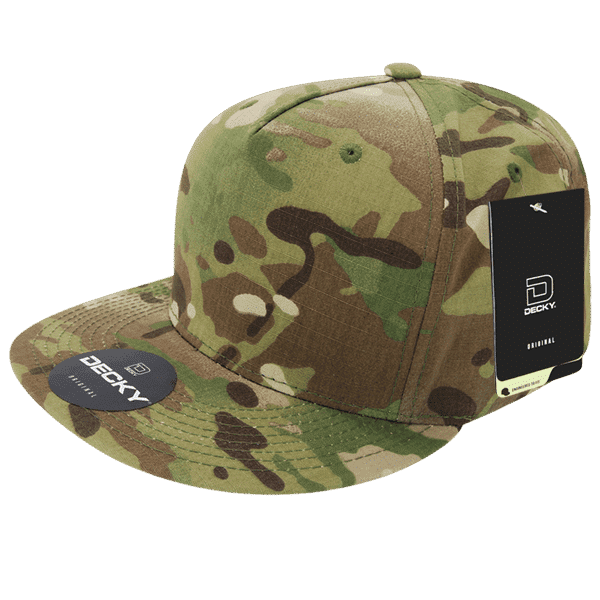 A multicam patterned 5 panel cap, featuring a flat brim and a tag, ideal for outdoor activities.