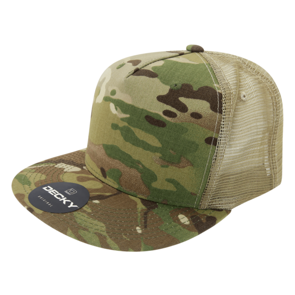A Multicam 5 Panel trucker cap in shades of green and brown, featuring a mesh back and a logo on the front.