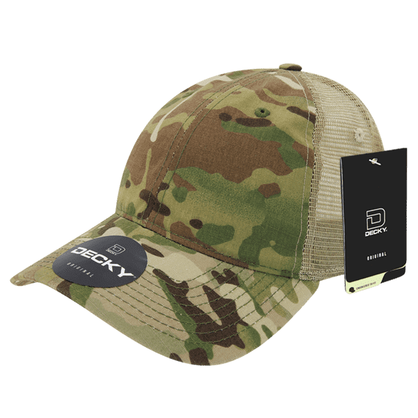 A camo-patterned cap with a mesh back and a logo patch, featuring shades of green and brown.