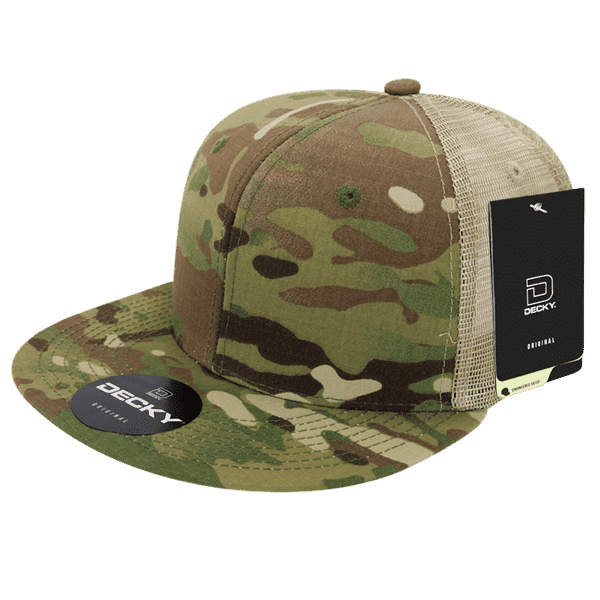 A trucker cap featuring a multicam pattern design, with a mesh back and a branded tag attached.