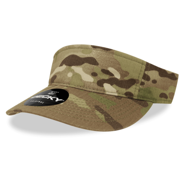 A Multicam visor in various shades of green and brown, featuring a branded logo on the front.